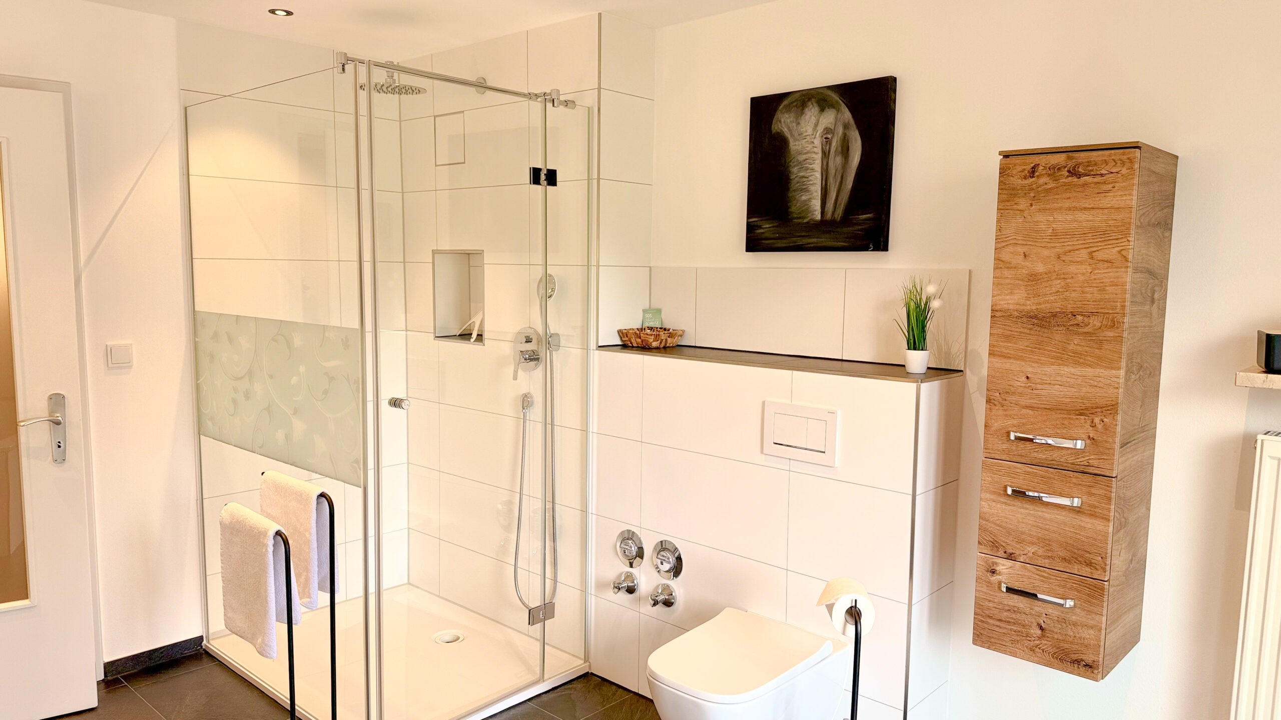 Ein Badezimmer mit einer ebenerdigen Duschkabine aus Glas, einer weißen Toilette und einem hölzernen Hängeschrank für Handtücher.